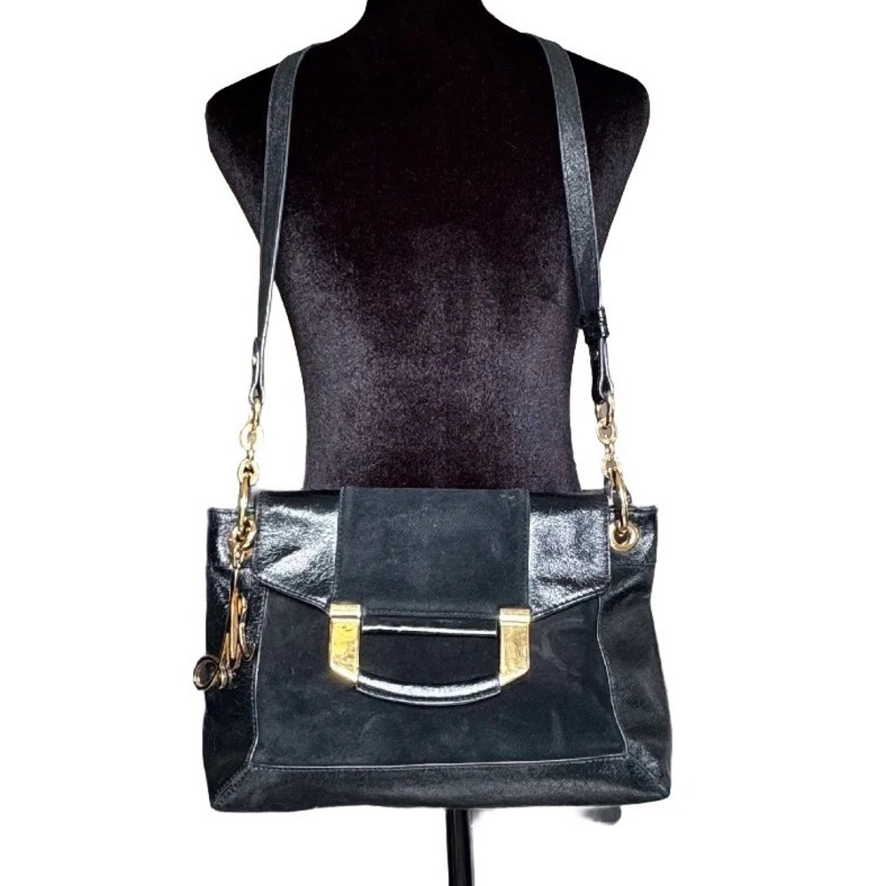 Milly Black Leather and Suede Shoulder Bag Gold Hardware Logo Charm - Picture 2 of 10